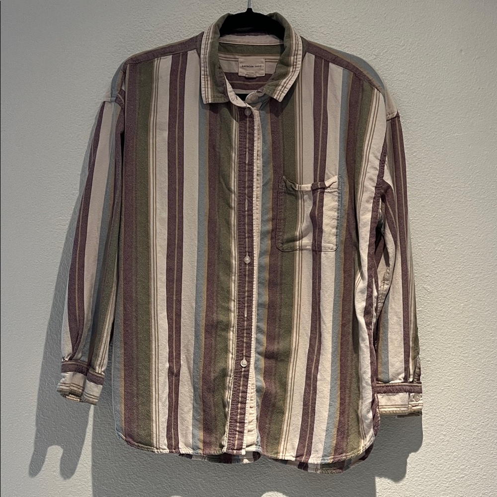 American Eagle Outfitters Striped Button Down Shirt - Purple, Green, White